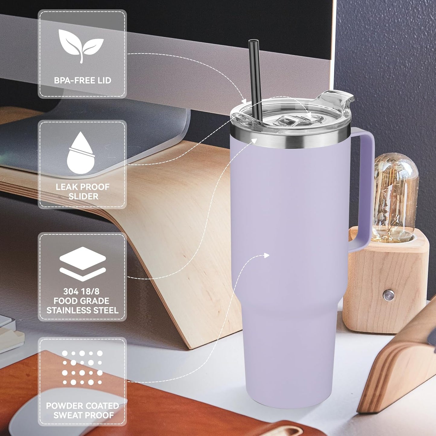 HASLE OUTFITTERS 40 oz Stainless Steel Tumbler with Handle, Vacuum Insulated Tumblers Bulk, Reusable Double Wall Travel Coffee Mug, Durable Powder Coated Water Bottle(Purple, 8)