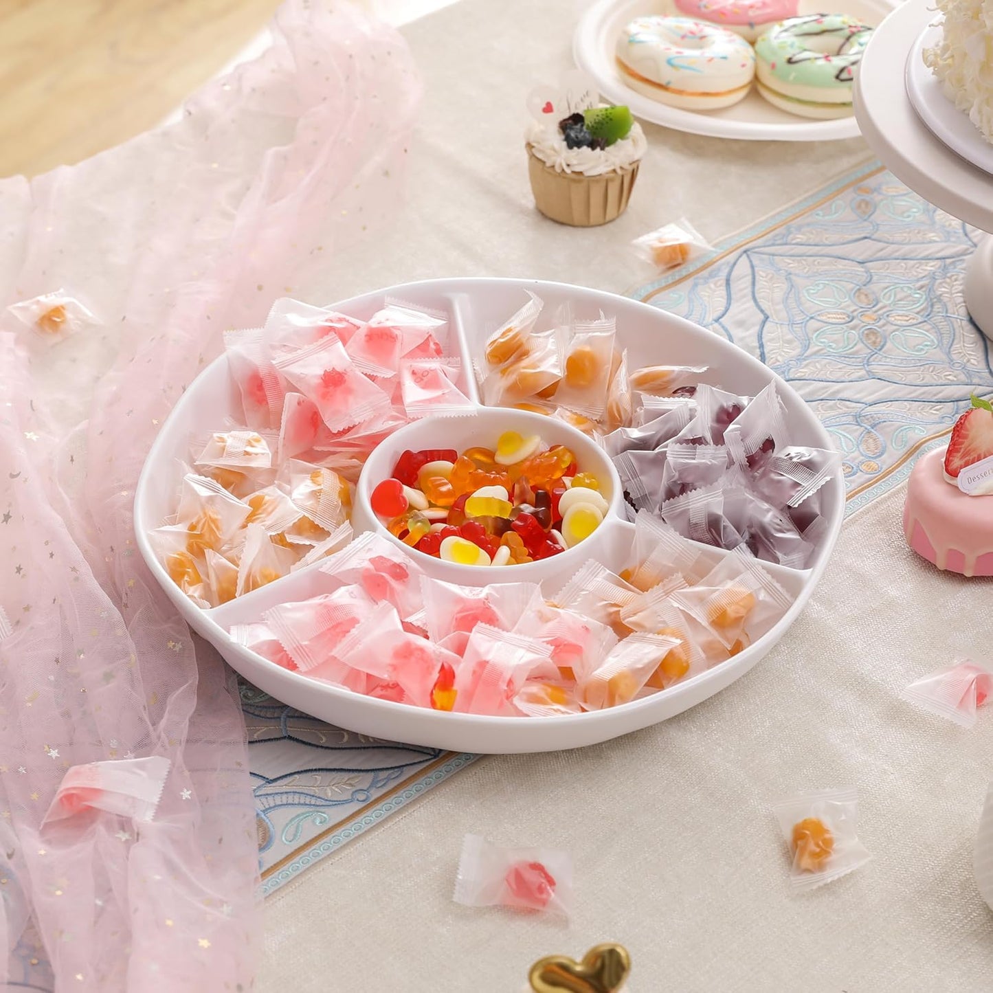 White Chip and Dip Serving Set, Divided Serving Platter Set, 4 Section Appetizers and Cheeses Serving Tray, Compartment Dishes for Party, Christmas, Dessert, Fruit, Candy, 13-inch, Set of 2