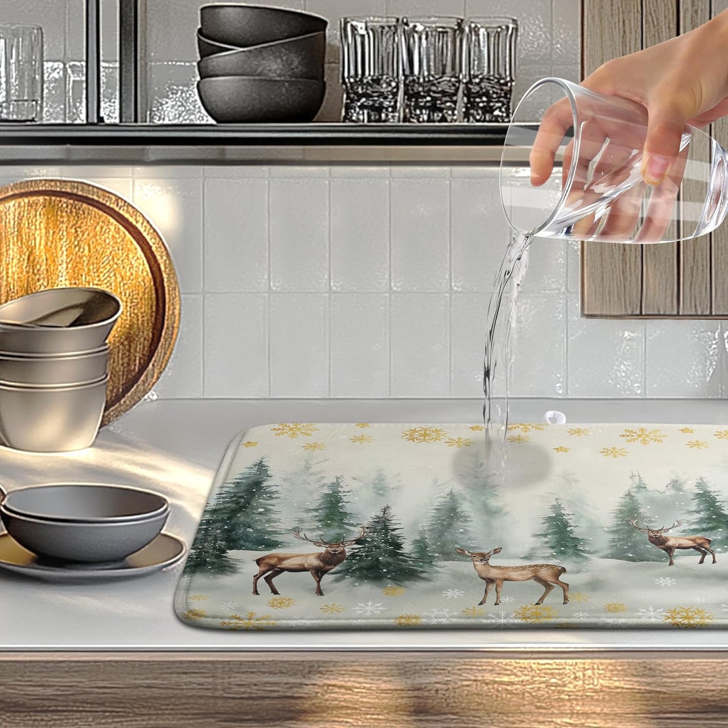 Winter Deer Snowflakes Dish Drying Mat Christmas Snow Forest Large Kitchen Mats Dish Drying Pad Absorbent Dish Dryer Mat for Kitchen Countertops Microfiber Drainer Pad Dish Drying Mats (18x24 in)