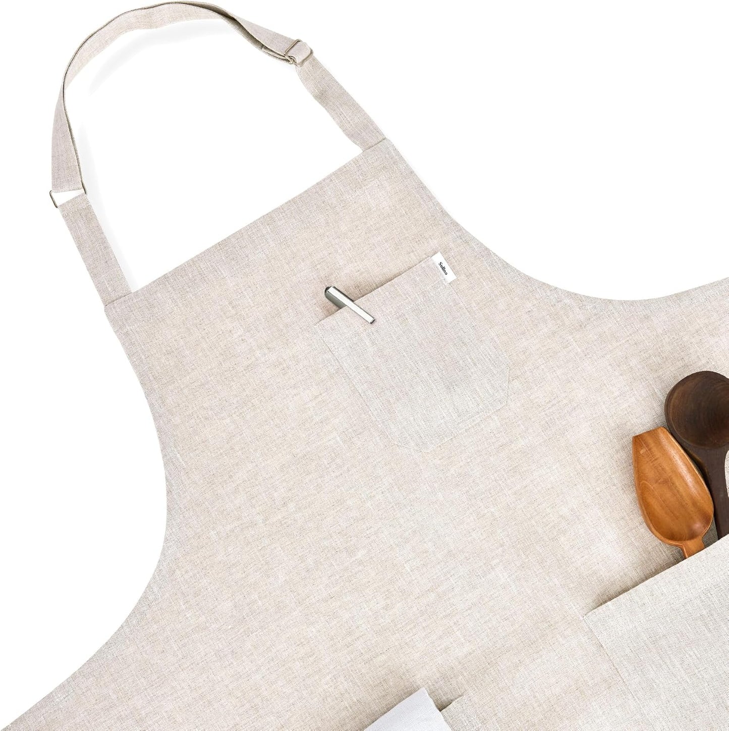Solino Home Linen Kitchen Apron for Men & Women - Light Natural Bib Apron with Front Pockets - Handcrafted from European Flax