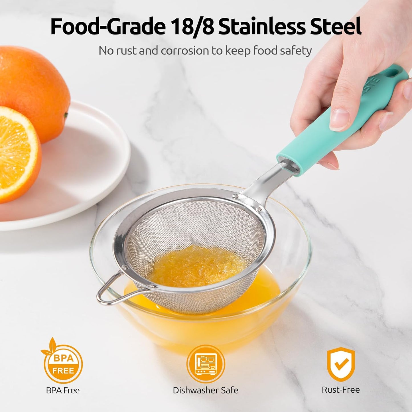 U-Taste Small Fine Mesh Strainer: 18/8 Stainless Steel 3.35in 30 Mesh Kitchen Food Sieve with Sturdy Riveted Silicone Handle, Heavy Duty Deep Handheld Metal Colander for Tea, Juice (Aqua Sky)
