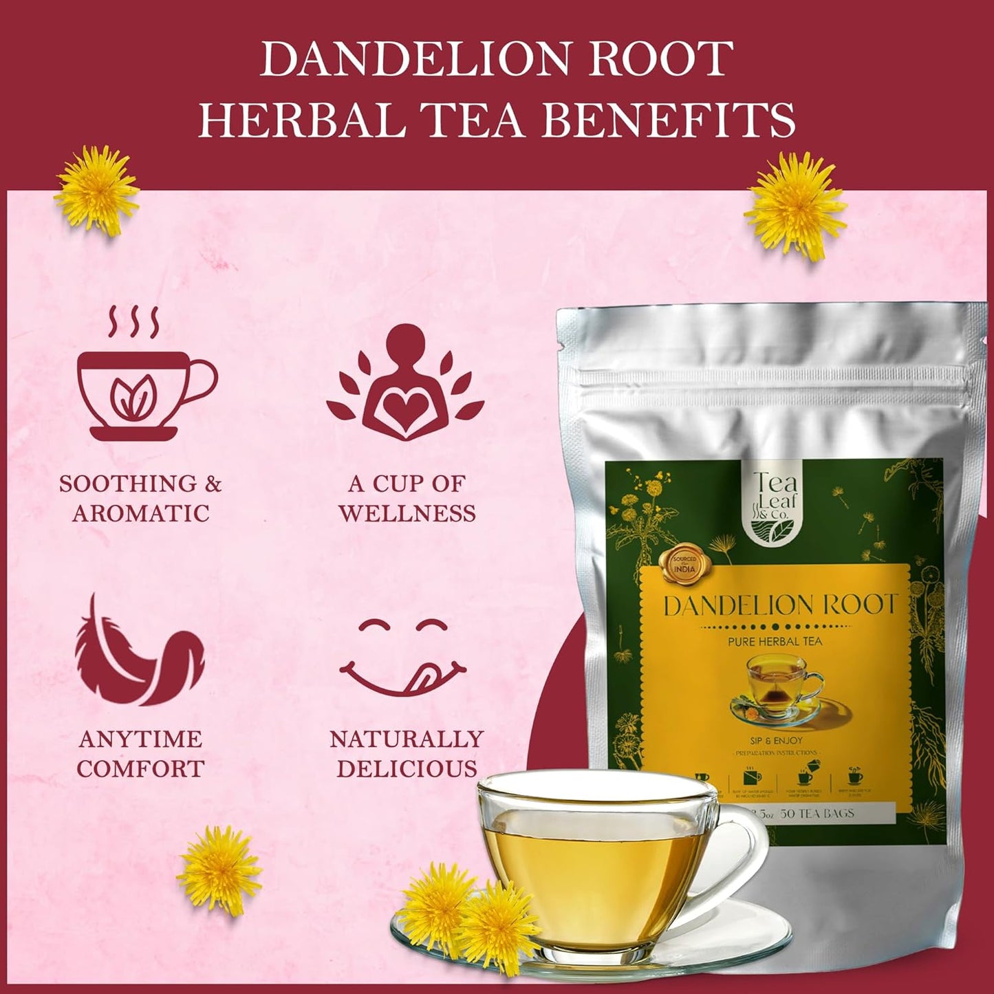 Tealeaf & Co. Dandelion Root Tea with Dried Dandelion Root Extract - Pure Herbal Tea Bags Blended with Fresh Herbs - Flavored Herbal Blend - Low Caffeine - Gluten Free - 50 Teabags
