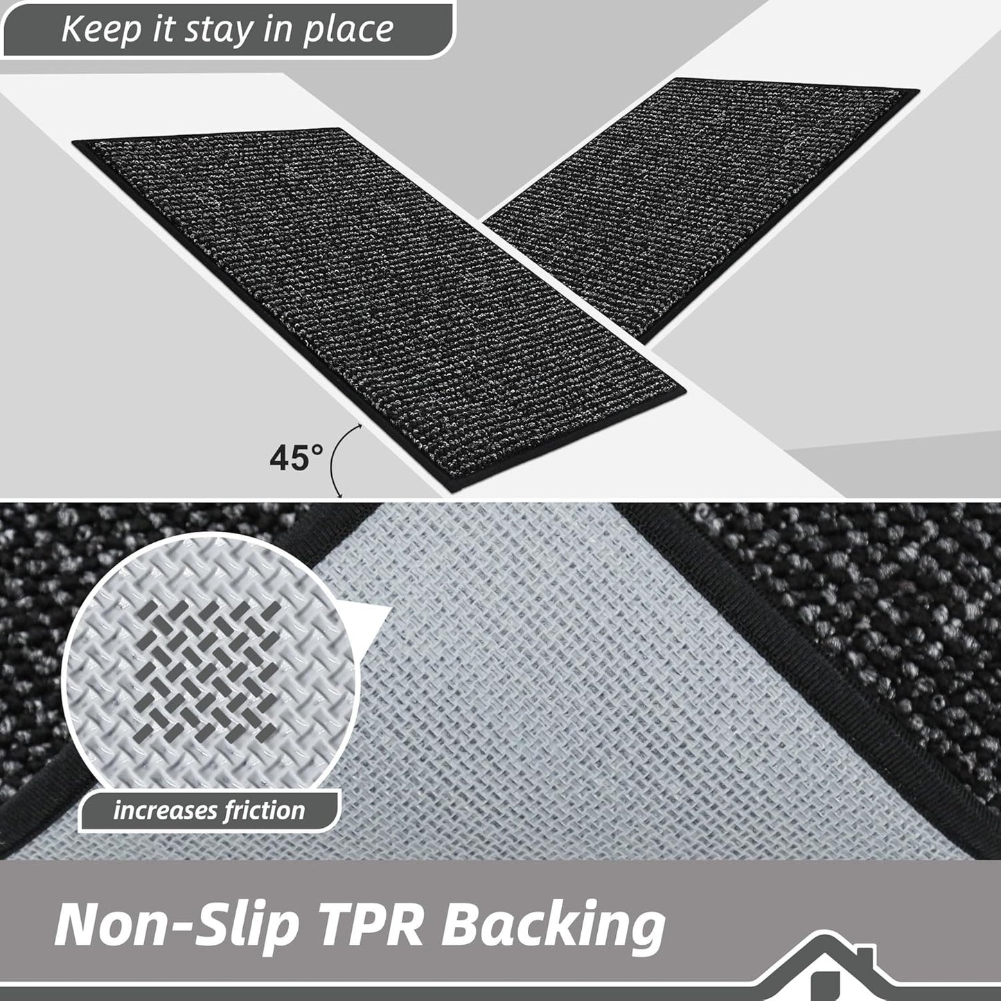 BEQHAUSE Dirt Trapper Door Mat 20" x 48", Non-Slip Washable Doormats Entrance Mat, Dirt Resistant and Absorbent Welcome Mat, Low Profile Floor Mats for Front Back Door and Entryway, Black