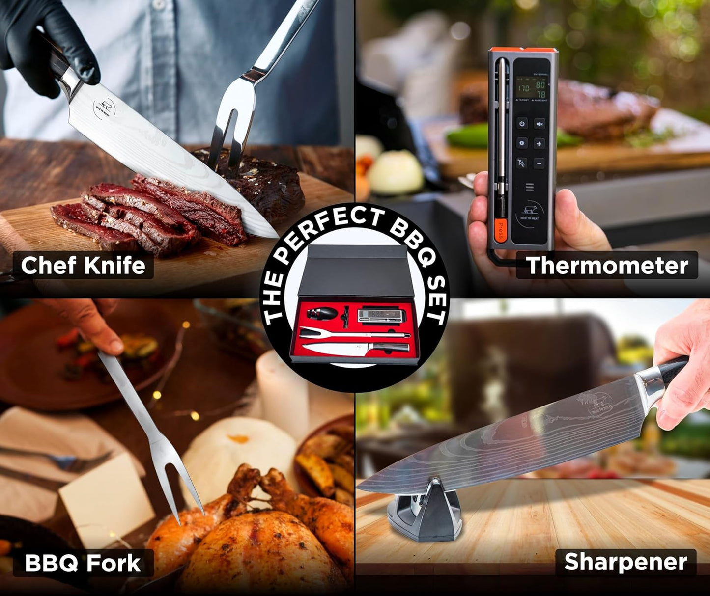 WiFi and Bluetooth Meat Thermometer Digital Wireless BBQ Set - Long Range Connection with Chef Knife, Fork, Meats Temperature Probe,Meat Thermometer Grilling, Smoking Cooking, BBQ Gift for Men