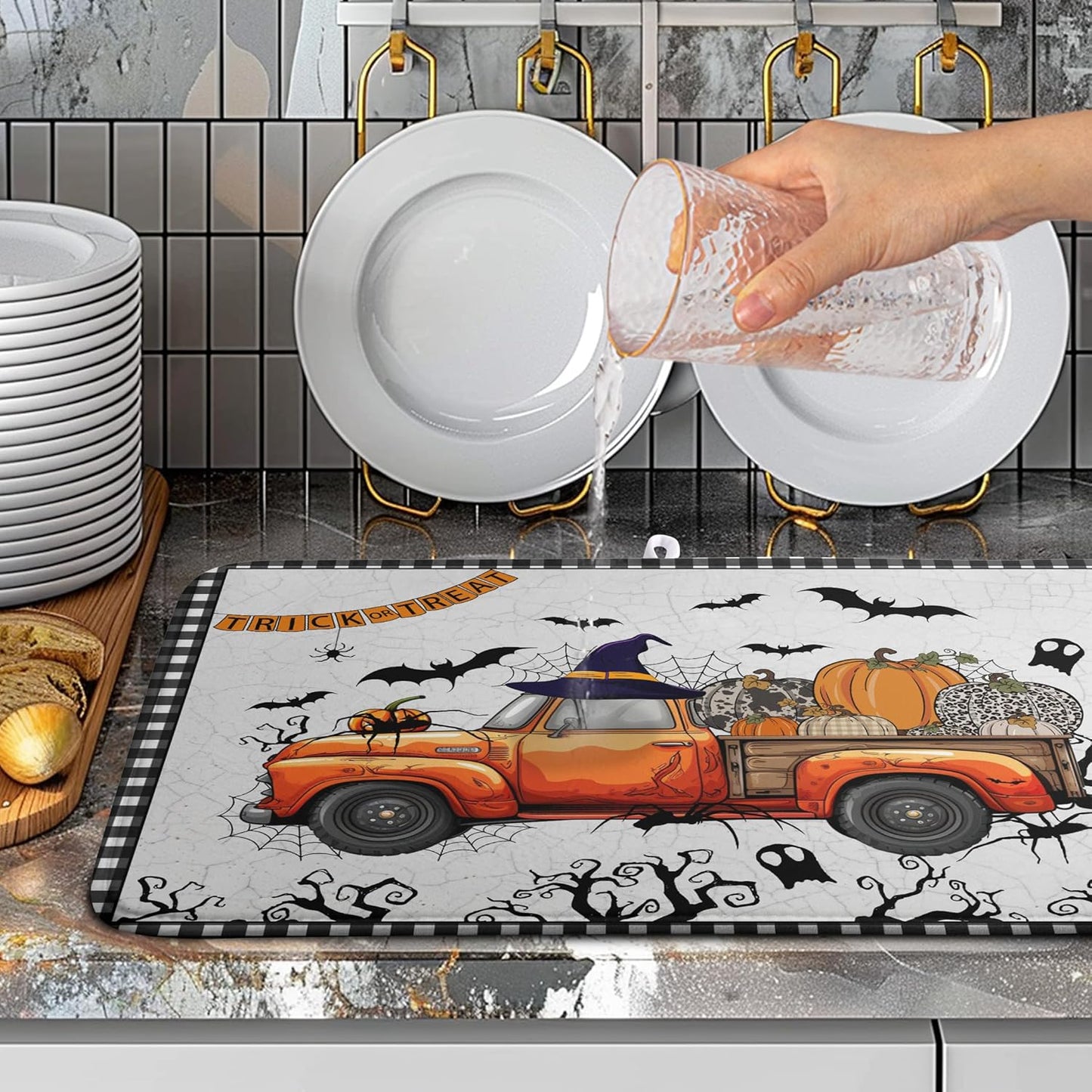 Happy Halloween Pumpkin Truck Dish Drying Mat For Kitchen Trick or Treat Microfiber Absorbent Dish Drying Mats Spooky Black Bat Ghost Self Dish Draining Mat 18x24 In Coffee Bar Spill Pad Decoration