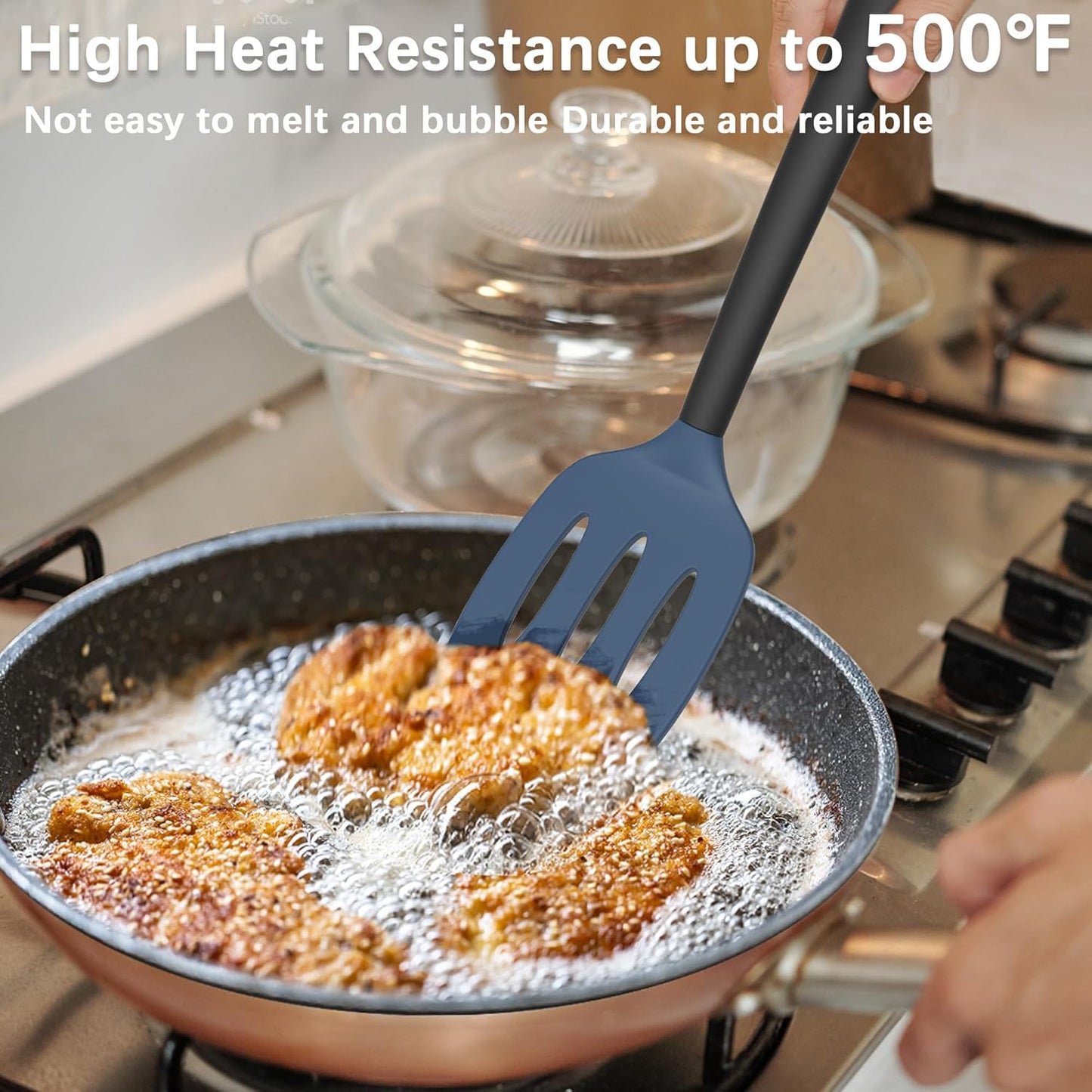 Coukre Silicone Spatula Set of 3, High Heat Resistant, BPA-Free, Kitchen Utensils, Fish Spatula, Solid & Slotted Turner for Non-Stick Pans, Flipping Eggs, Pancakes, Fish, Burgers (3, DarkBlue)