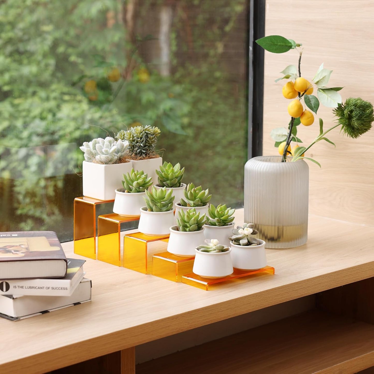 Goabroa Acrylic Display Risers, 2 Sets 5 Tier Rectangular Risers Display Stands, Acrylic Display Shelves for Figures, Cupcake, Perfume Display, Transparent Orange