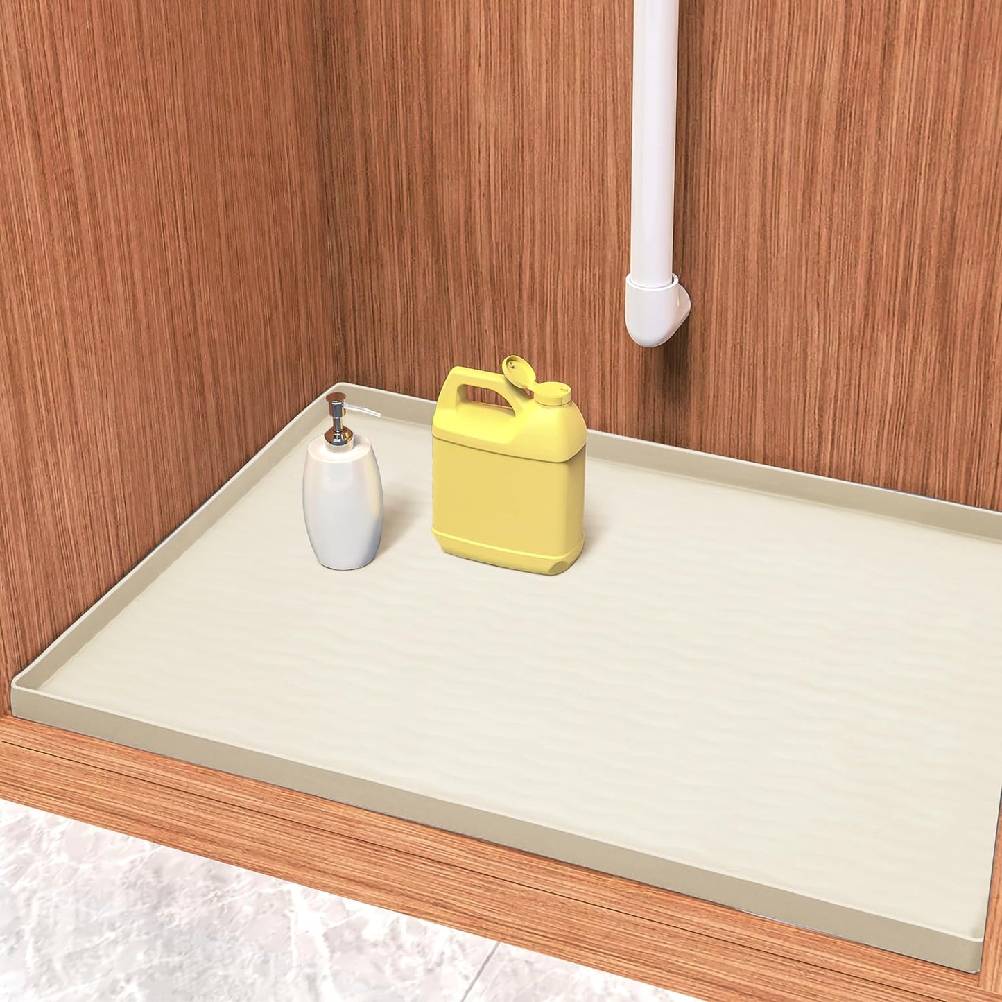 URMONA Waterproof Silicone Under Sink Mat 31'' x 22'' Shelf Liner for Kitchen and Bathroom, Cabinet and Counter Protector, Storage and Organizers, Litter Mat, Pet Cat Puppy Essentials(Cream)