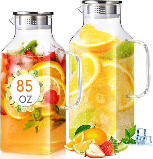Honeydak 2 Pack 2.5 Liters 85 oz Square Glass Pitcher with Lid and Handle, Glass Water Jars Carafe Jug for Hot/Cold Drinks, Tea, Beverages, Parties and Picnics