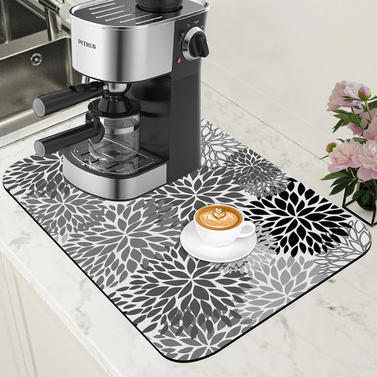 Dish Drying Mat Black and White Chrysanthemum Flower Coffee Bar Mat Absorbent Coffee Mat Rubber Backed Hide Stain Dish Drainer Rack Mat Coffee Maker Coffee Pot Dining Room Decoration 11.8 x 19.7 Inch