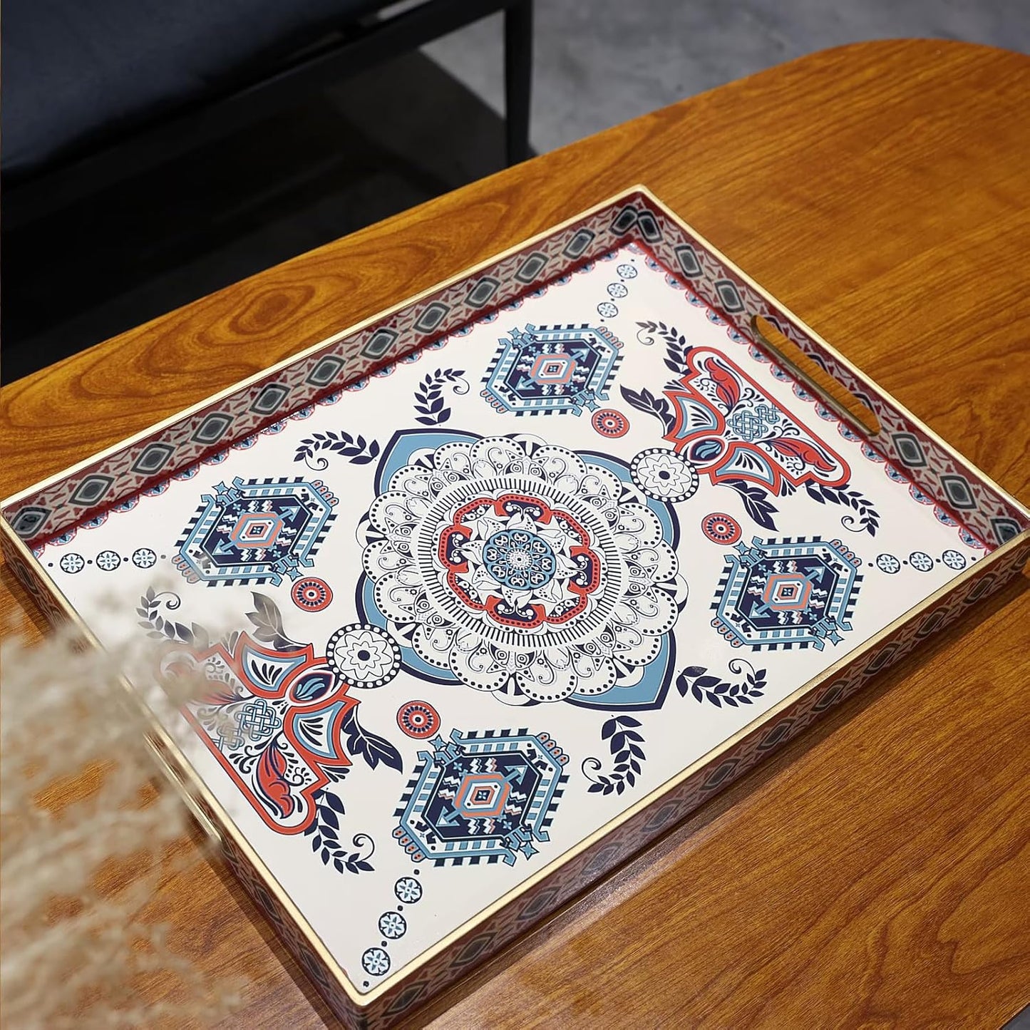 Rectangle Plastic Serving Tray with Handles, Elegant Decorative Tray for Coffee Table, Ottoman, Living Room, Kitchen, Outdoor Use. 12"*16"*1.6" C