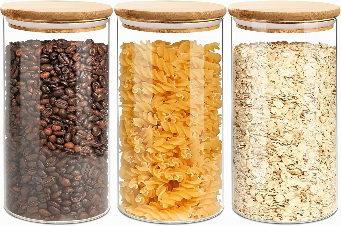 Round Glass Jars Canister with Wood Lid 40 FL OZ [Set of 3], Container Jar with Sealing, Lids for Oat Pasta Flour Cereal Rice Sugar Tea Coffee Beans, Best for Kitchen & Pantry