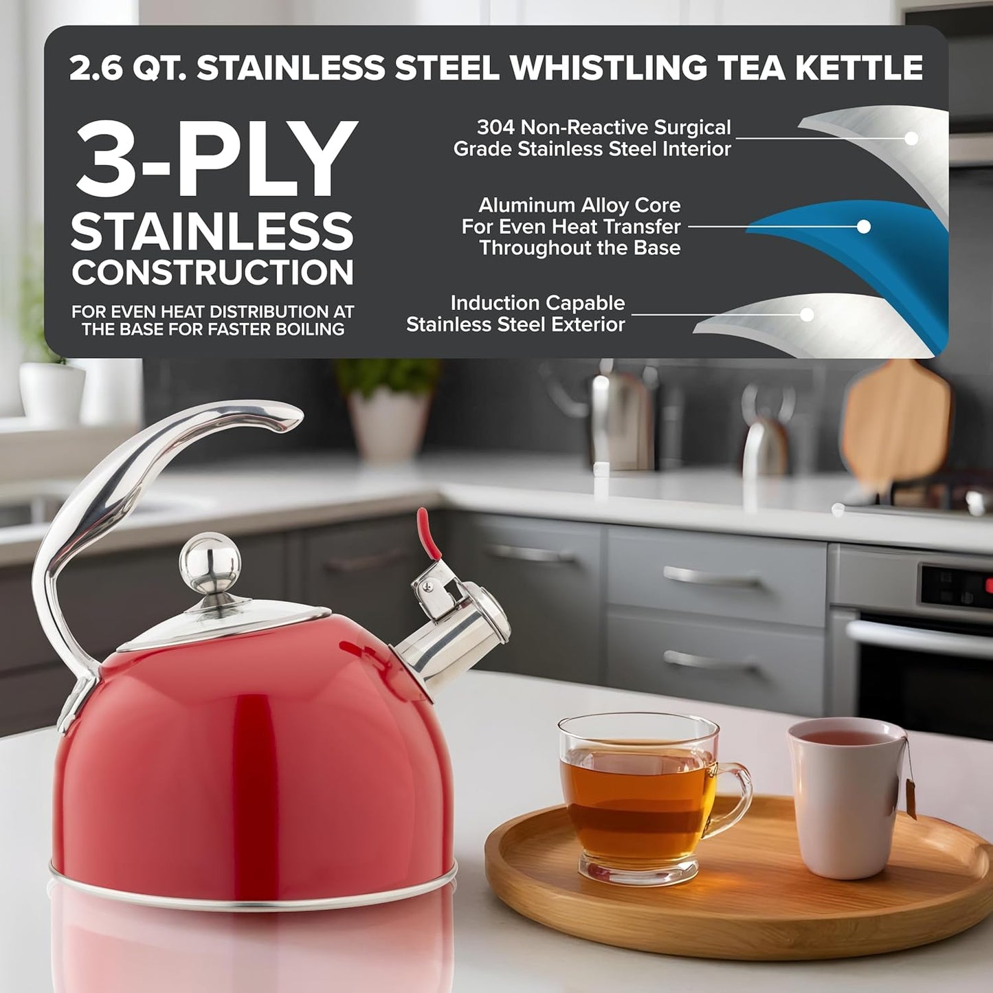 Viking 3-Ply Stainless Steel Tea Kettle, 2.6 Quart Stovetop Hot Water Pot with Tempered Glass Lid, Ergonomic Handle, Induction Ready, Red