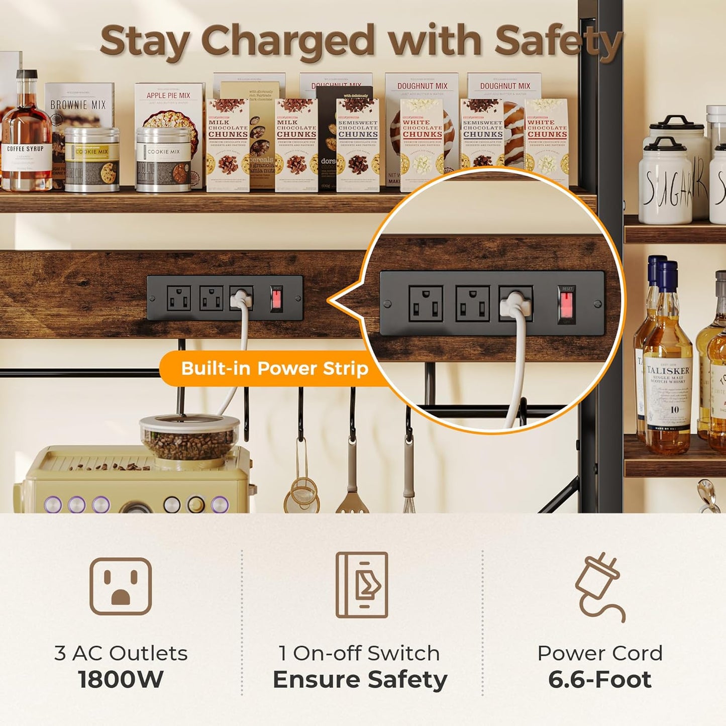 SUPERJARE Larger Bakers Rack with Power Outlets, 6-Tier Microwave Stand, Coffee Bar with 12 S-Shaped Hooks, Kitchen Shelf with Wire Basket, 47.2 x 15.5X 66.9 Inches, Rustic Brown