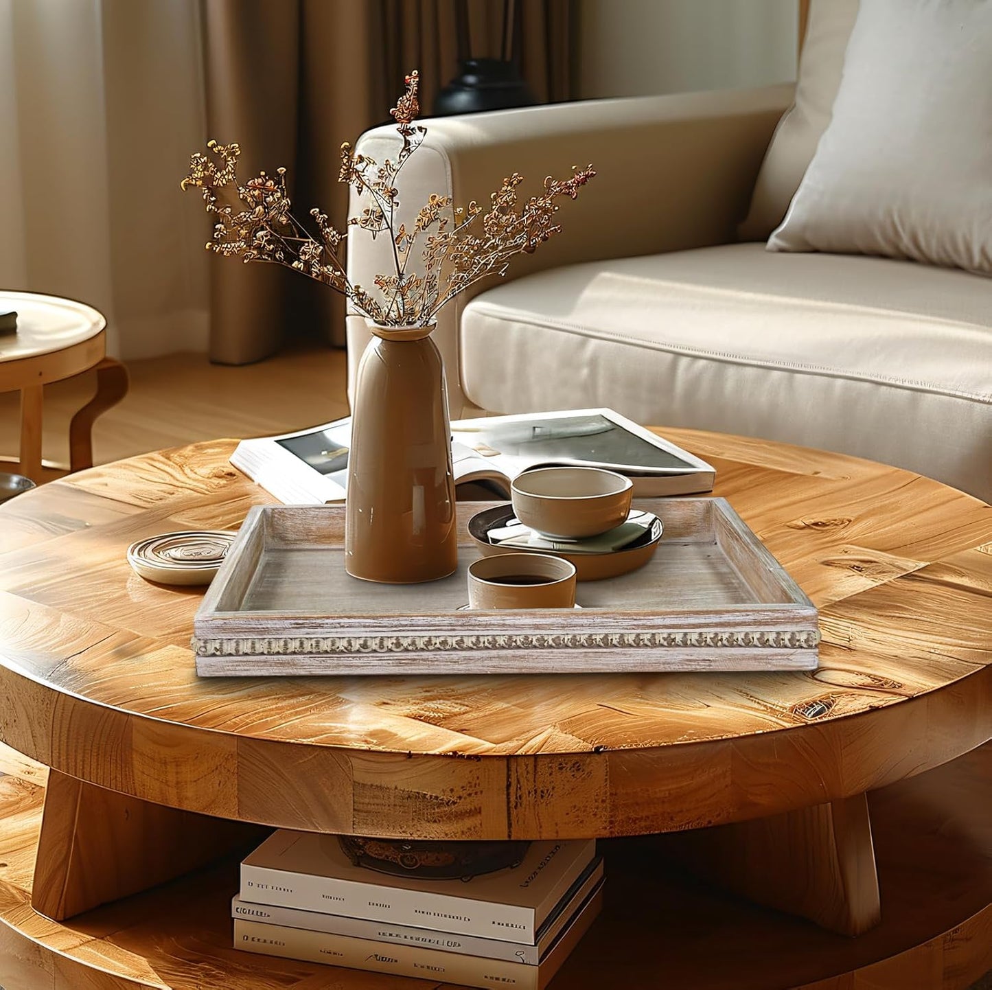 MAONAME Wood Serving Tray, Farmhouse Wooden Tray for Coffee Table, Rustic Rectangle Trays with Beads, Washed White Decorative Trays for Living Room, Kitchen, 15.7" X 11.8" X 1.57"