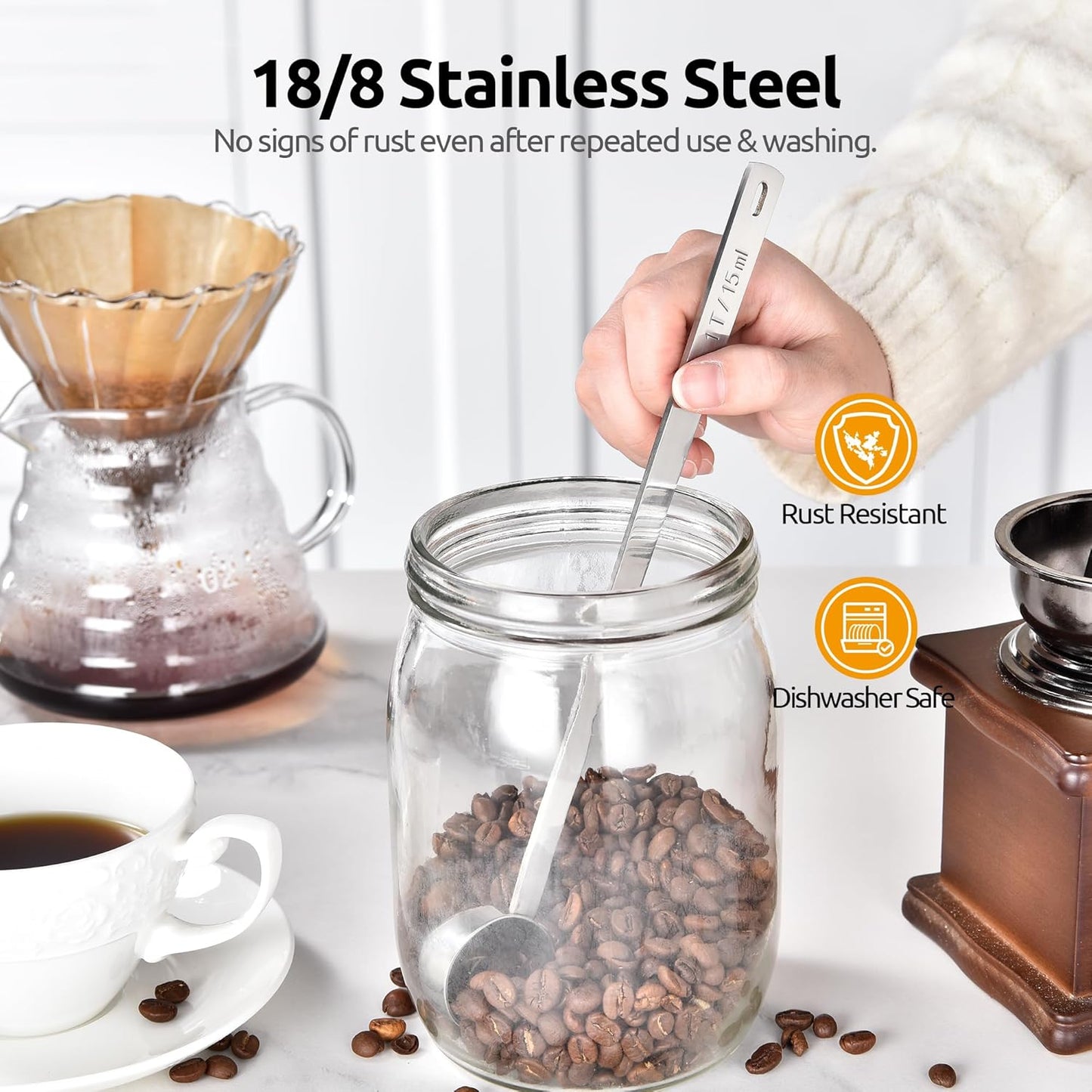 U-Taste Coffee Scoop 1 Tablespoon: 18/8 Stainless Steel Measuring Scooper for Ground Coffee, Bean, Powder, Espresso, 8.5in Extra Long Handle Metal Meaure Spoon for Canister, Jar (1Tbsp/15ml, Silver)