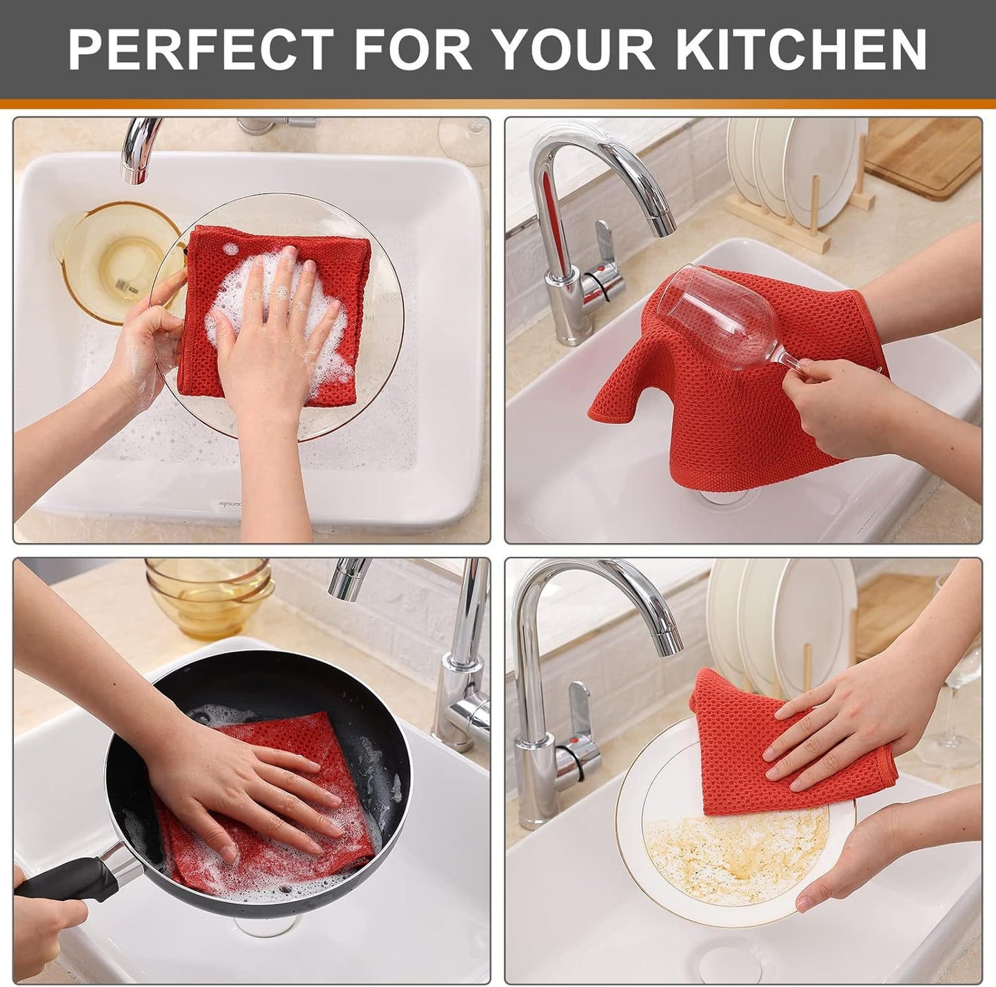 Kitinjoy 100% Cotton Kitchen Dish Cloths, 6 Pack Waffle Weave Ultra Soft Absorbent Dish Towels for Drying Dishes Quick Drying Kitchen Towels Dish Rags, 12 X 12 Inches, Brick Red
