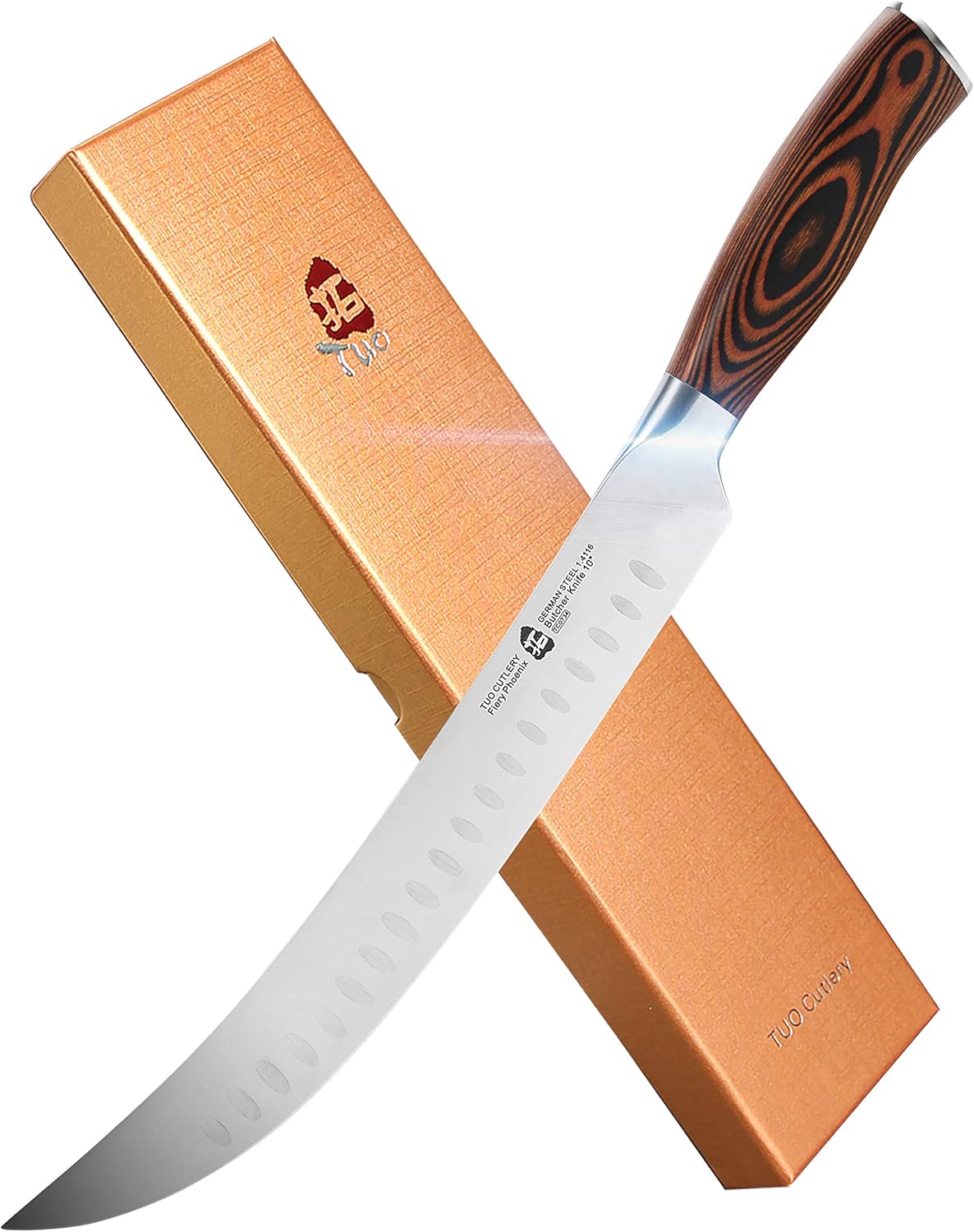 TUO Cimitar Butcher Knife - 10 inch Curved Breaking Knives for Slicing & Carving Pro Meat Chopping Cleaver - German HC Steel Full Tang Pakkawood handle - Fiery Series Gift Box Included