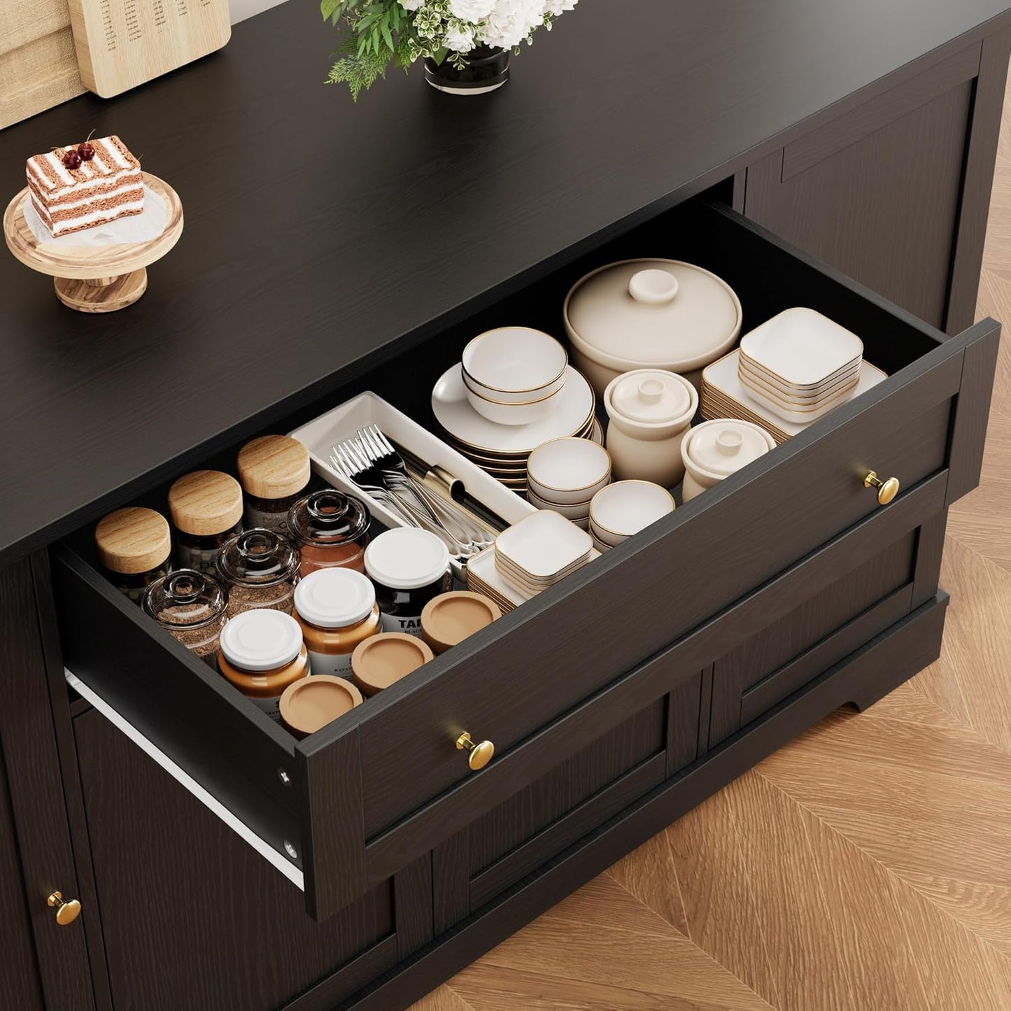 HITHOS 54" Buffet Cabinet with Storage, Modern Kitchen Buffet Sideboard with Drawer, Wood Coffee Bar with Adjustable Shelves, Kitchen Storage Cabinet for Living Room, Black