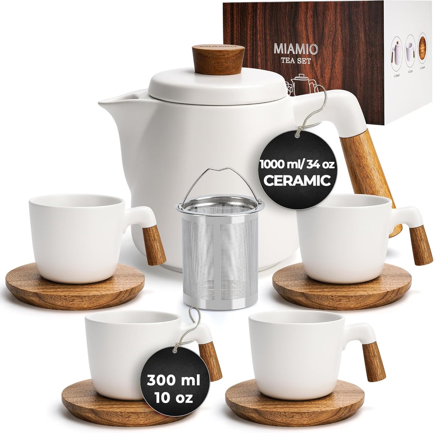 MIAMIO – 34 Oz Ceramic Tea Pot Set with Infuser and Cups/Tea Strainer, 4 Ceramic Tea Mugs (10 Oz), Bamboo Saucers/Handle for Home and Office (White)