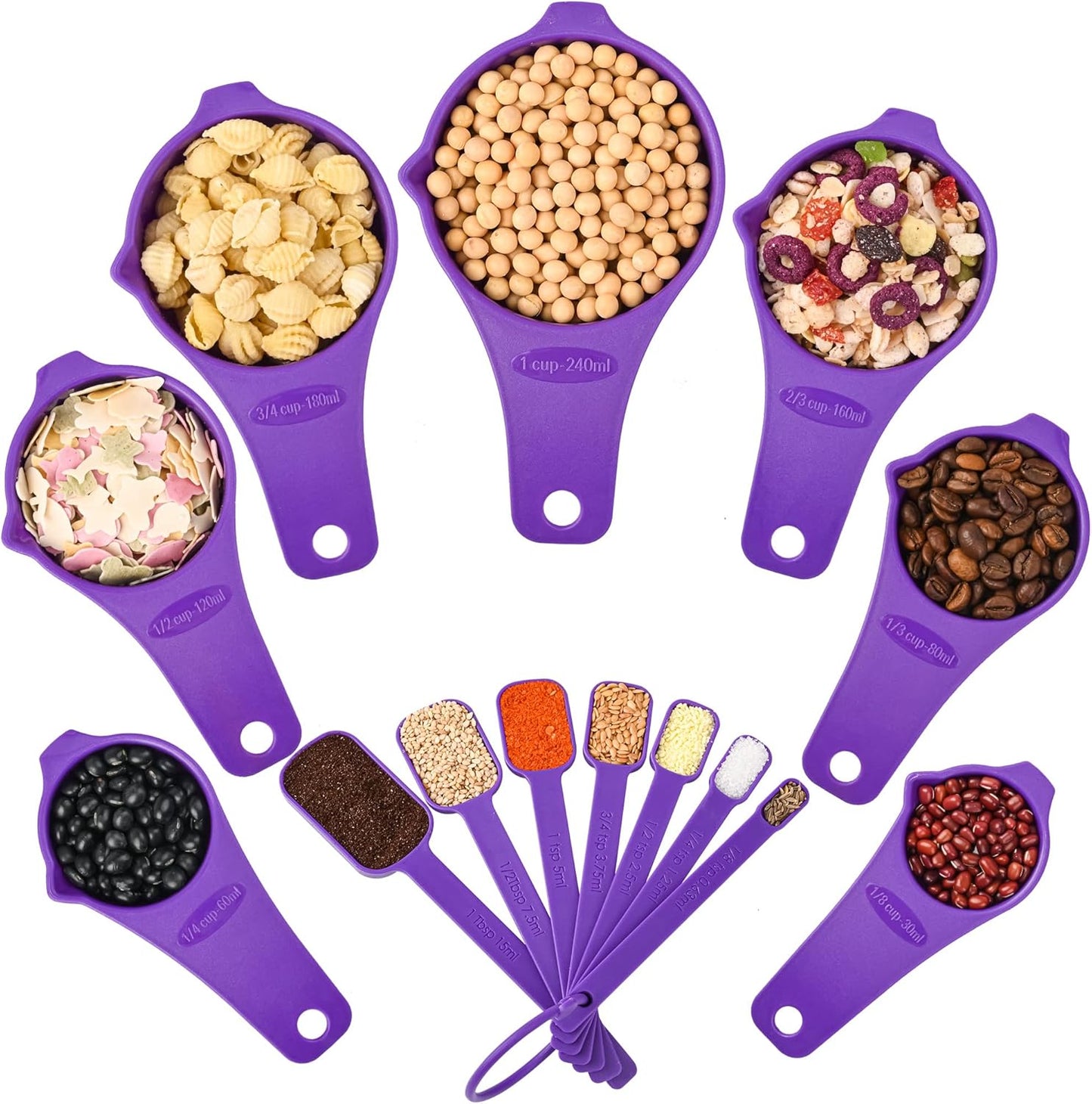 Plastic Measuring Cups and Spoons Set 15, 7 Dry&Liquid Measuring Cup Spoon Set, 7 Spice Long Handle Measuring Spoons with 1 Leveler for Kitchen and Baking, Metric Measure Cups & Spoons Purple