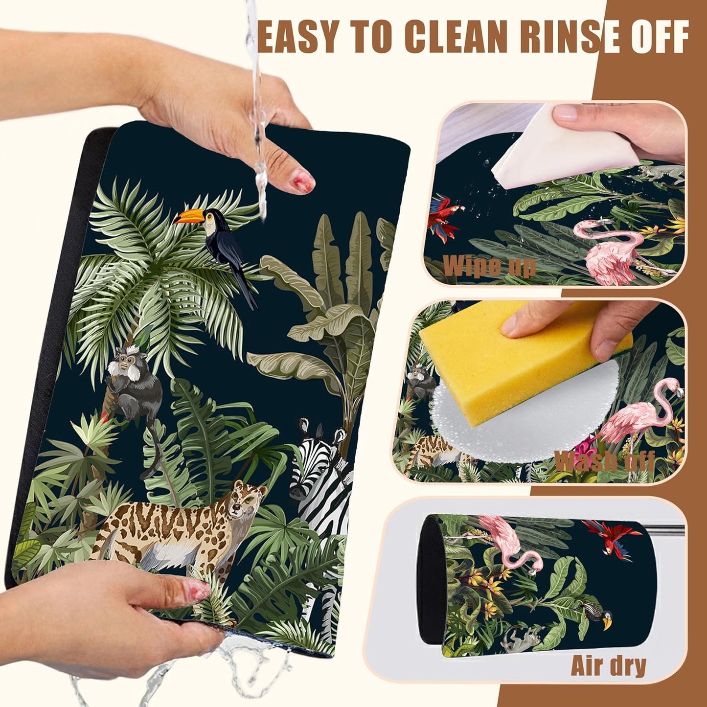 Jungle Animals Coffee Mat Tropical Dish Drying Mat for Kitchen Counter Absorbent Hide Stain Rubber Backed Coffee Bar Accessories Fit Under Espresso Machine Cafe Decor, 11.8 x 19.7 Inch