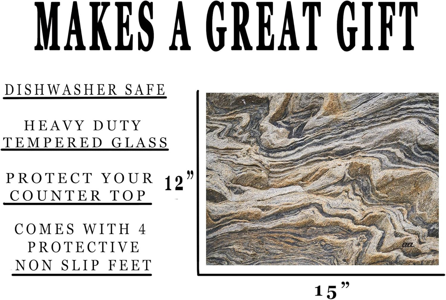 Rogue River Tactical Brown Gray Granite Stone Marbled Pattern Textured Marble Art Kitchen Glass Cutting Board Modern Decorative Gift Abstract Wavy Contrast Design