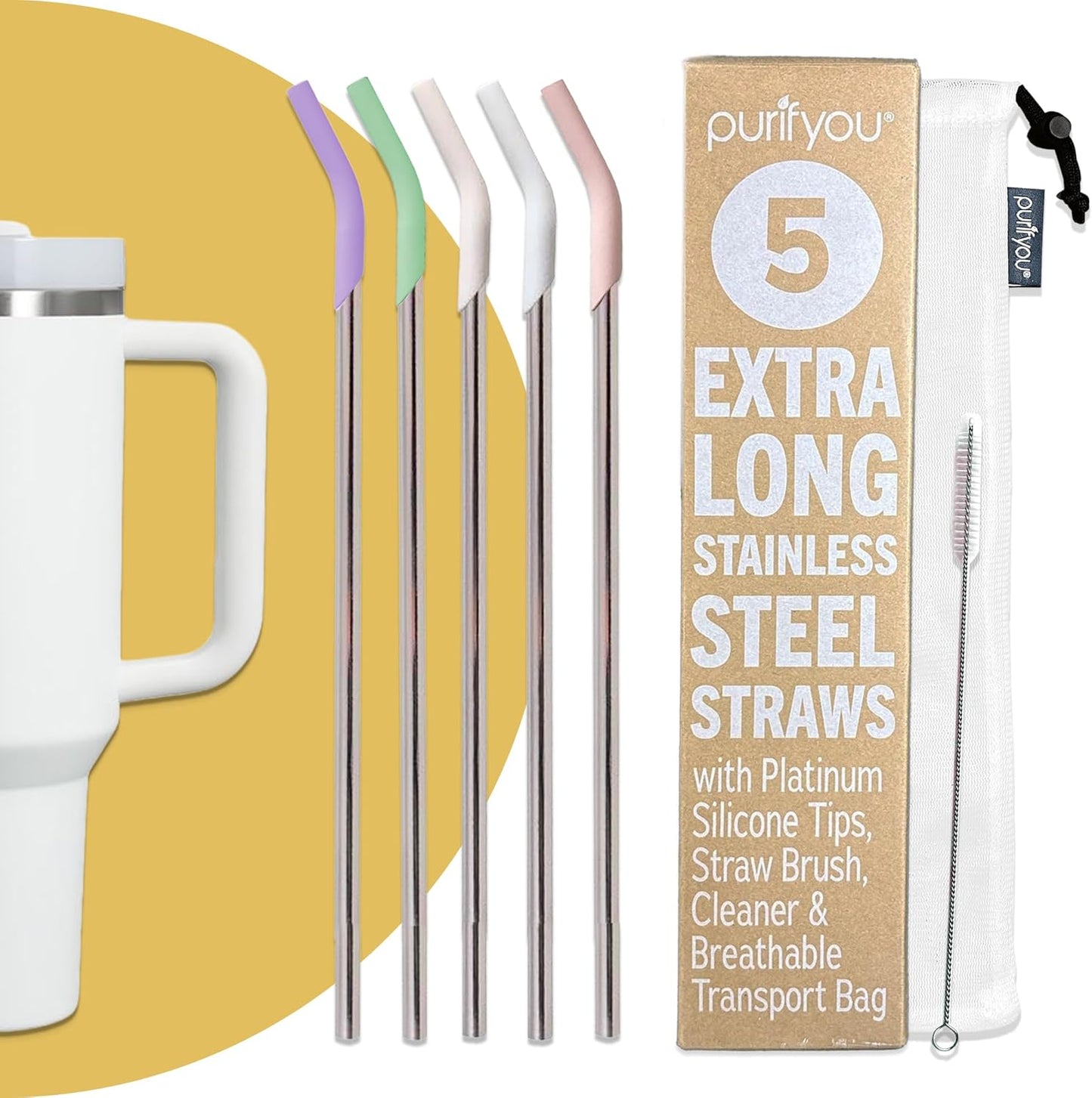 purifyou 14.5" Stainless Steel Straws with Pastel Colored Silicone Tips, Extra Long & Wide Reusable Metal Straws for Tumblers, Smoothies (Set of 5 with Brush)