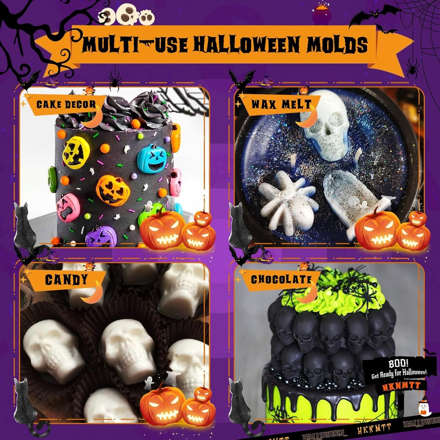 Halloween Molds Silicone for Chocolate 3 Pack, 3D Halloween Chocolate Candy Gummy Mold Skull Pumpkin Bat Ghost Witch Hat Spider tombstone Shapes Mold