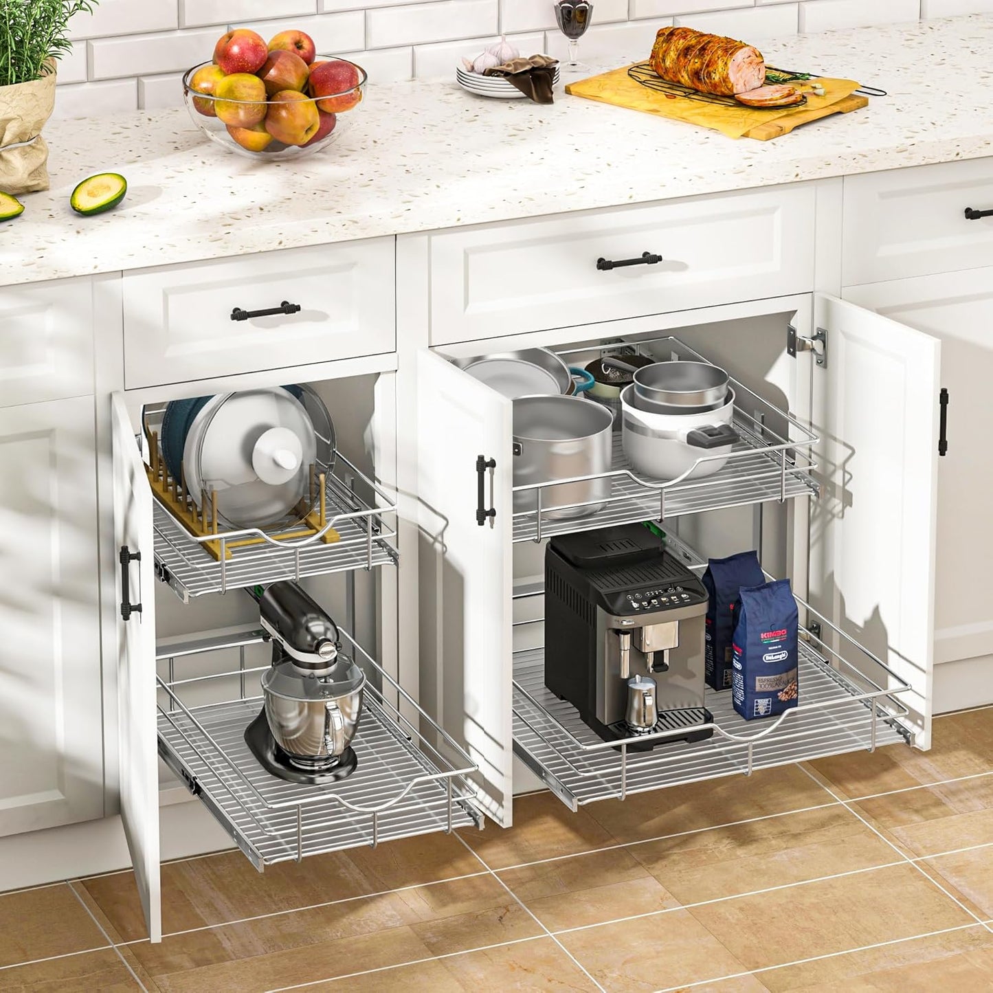 WelFurGeer 2-Tier Kitchen Cabinet Pullout Shelf and Drawer Organizer, Soft Close Pantry Pull Out Shelves, Heavy Duty Pull Out Cabinet Organizer with Shelf Liner for Kitchen Cabinets, Pantry Storage
