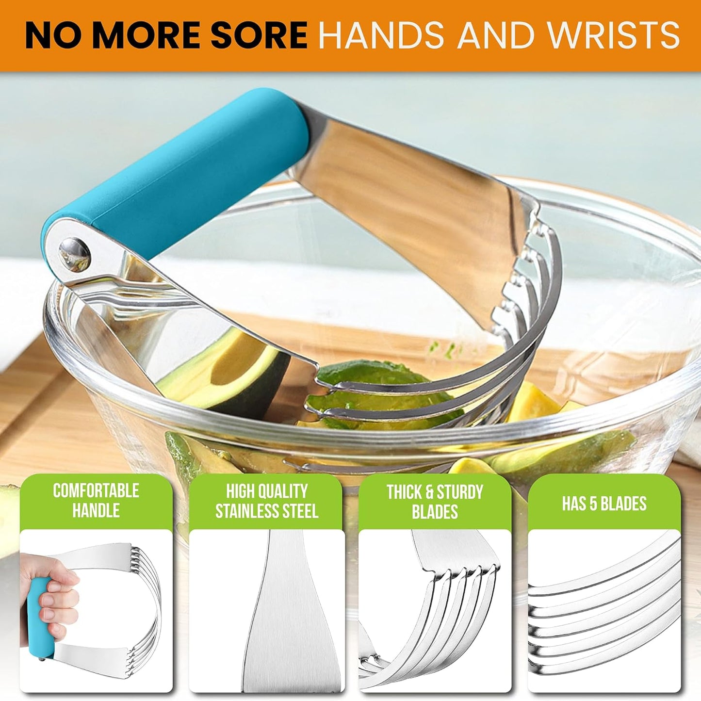 Spring Chef Large Dough Blender for Baking, Heavy Duty Dough Cutter Tool, Stainless Steel Puff Pastry Cutter Tool with Sharp Blades, Dishwasher Safe Manual Pastry Blender for Easy Mixing - Teal