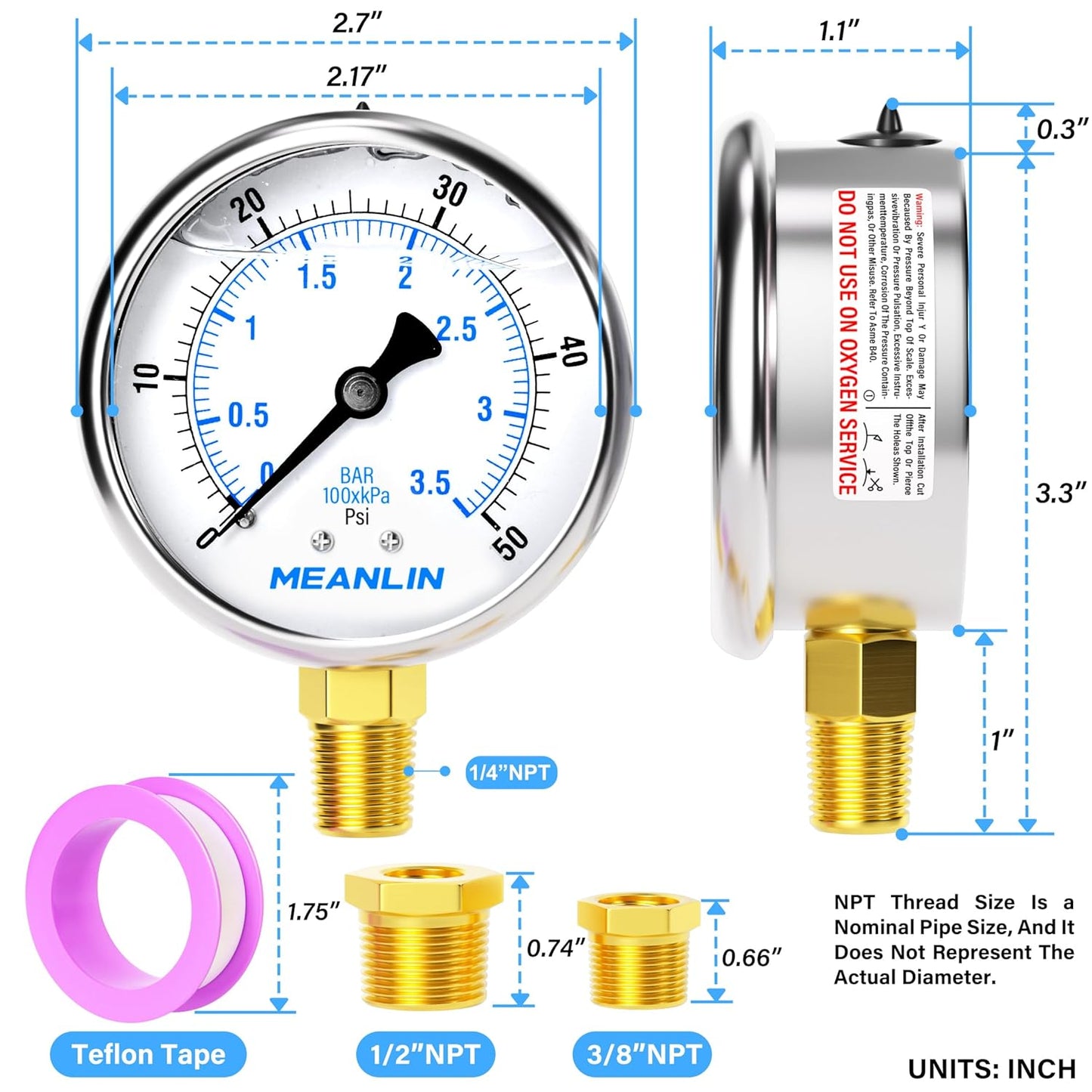 MEANLIN MEASURE 0~50Psi Stainless Steel 1/4" NPT 2.5" FACE DIAL Liquid Filled Pressure Gauge WOG Water Oil Air Lower Mount, with 1/2" NPT and 3/8" NPT Hex Bushing