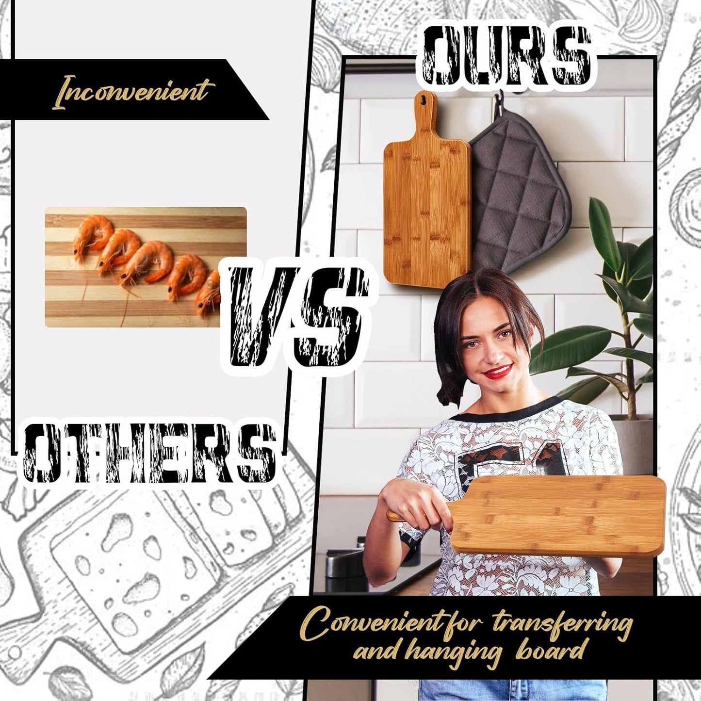 Nuenen 10 Pcs Wood Cutting Board with Handle 15.7 x 7.8 Inch Acacia Bamboo Wooden Serving Kitchen Chopping Boards for Pizza, Bread, Cheese, Charcuterie, Fruit, Vegetables (Carbonized Bamboo)