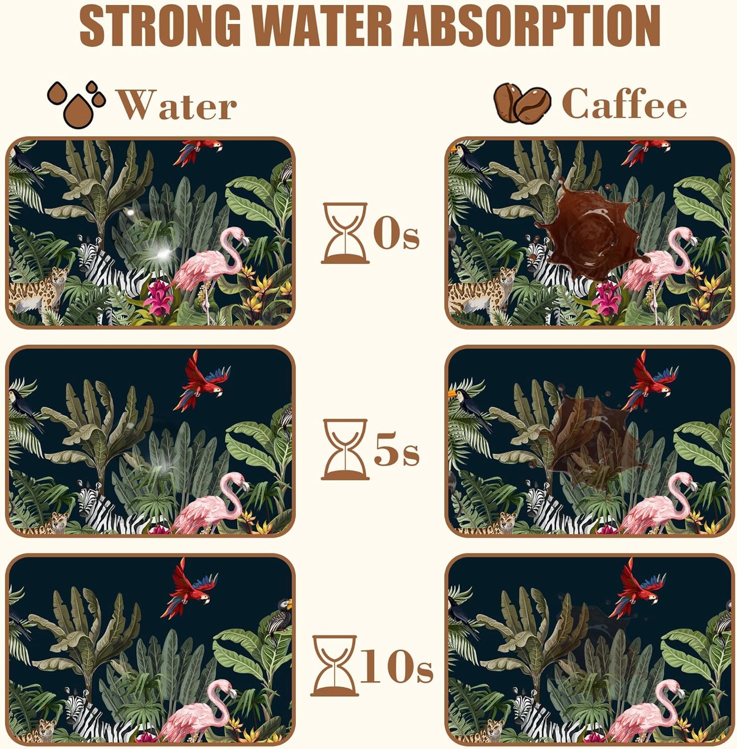 Jungle Animals Coffee Mat Tropical Dish Drying Mat for Kitchen Counter Absorbent Hide Stain Rubber Backed Coffee Bar Accessories Fit Under Espresso Machine Cafe Decor, 11.8 x 19.7 Inch