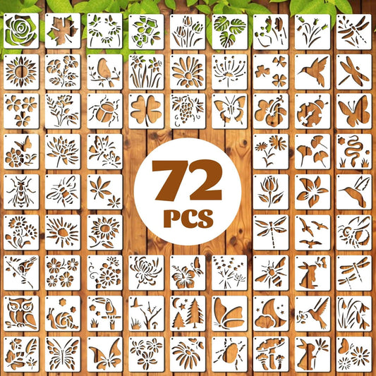 72 Pcs Botanical Stencils Set, Reusable Butterfly & Flower Painting Templates - Leaf, Dragonfly, Wildflower Nature Crafts Kit for Wall Murals, Fabric Art, Wood Signs, Kids Classroom Projects
