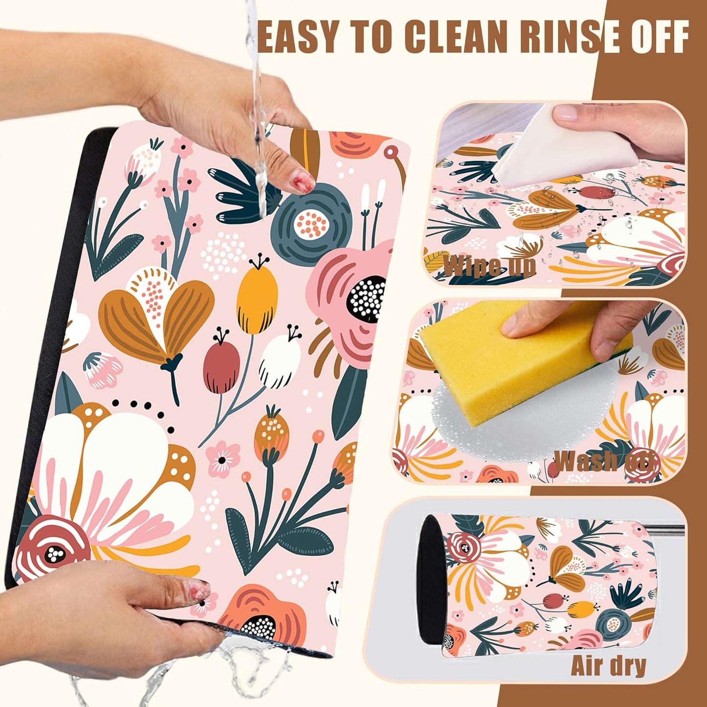 Dish Drying Mat Pink Flowers Berries Leaves Coffee Bar Mat for Countertop Absorbent Hide Stain Rubber Backed Dish Drainer Rack Pad Espresso Machine Dining Room Decor 11.8 x 19.7 Inch