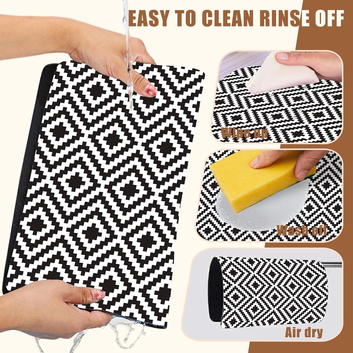 Dish Drying Mat Black and White Geometric Coffee Bar Mat for Countertop Absorbent Rubber Backed Hide Stain Dish Drainer Rack Pad Coffee Maker Espresso Machine Table Accessories 11.8 x 19.7 Inch