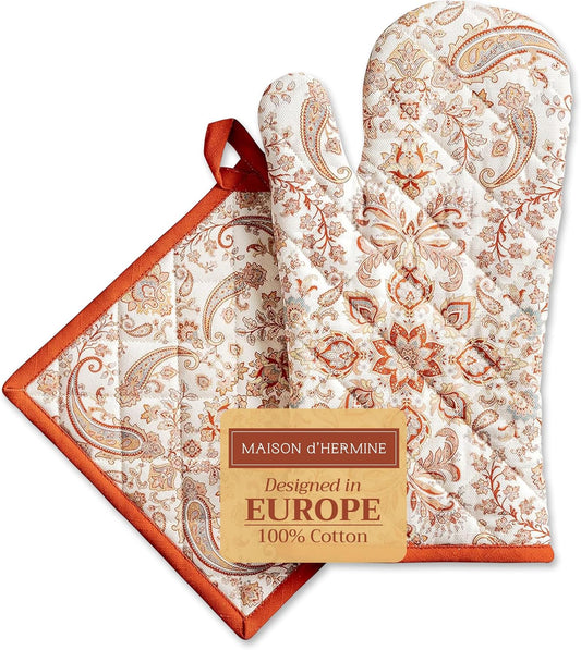 Maison d' Hermine 100% Cotton Oven Mitt & Pot Holder Set (7.5"x13" & 8"x8") Heat Resistant BBQ Cooking Gloves with Loop, Baking, Grilling, Kitchen, Handling Hot Pans (Cachemire)