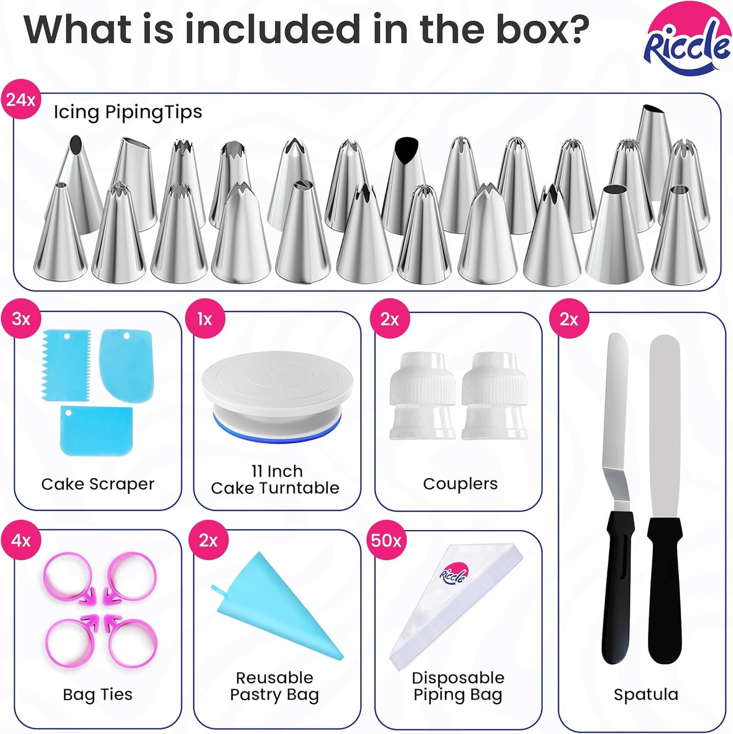 Riccle 88 pcs Cake Decorating Kit with Blue Cake Turntable - Includes 50 Disposable + 2 Reusable Piping Bags and Tips Set, 24 Icing Piping Tips, 2 Spatulas, 3 Icing Comb Scraper (Blue)