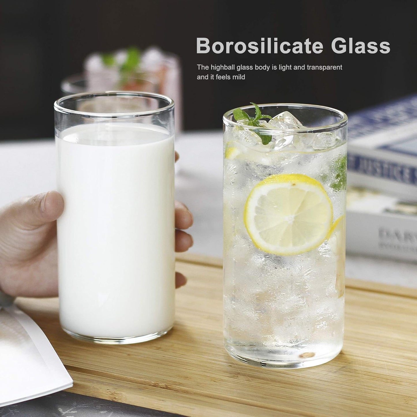 BaveL Thin Highball Glasses Set of 4,19oz Cocktail Glass Set,Tall Drinking Glasses for Water,Juice,Milk,Cocktails,Beer and More,Elegant Bar Glassware,Lead-Free Pint Glasses,Glass Drink Tumblers