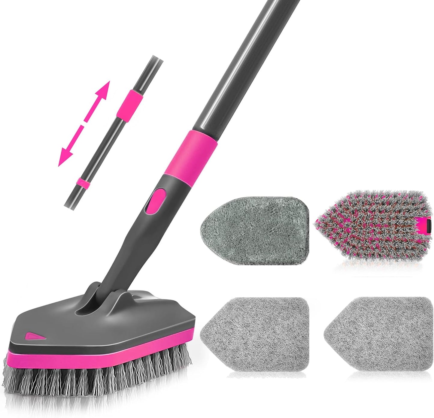 NEWE Shower Cleaner Brush, Tub Tile Scrubber with Telescopic Long Handle 60 inches, 4 Scrub Heads for Cleaning Bathroom Bathtub Floor Baseboard Sink Kitchen Toilet (Grey Red)