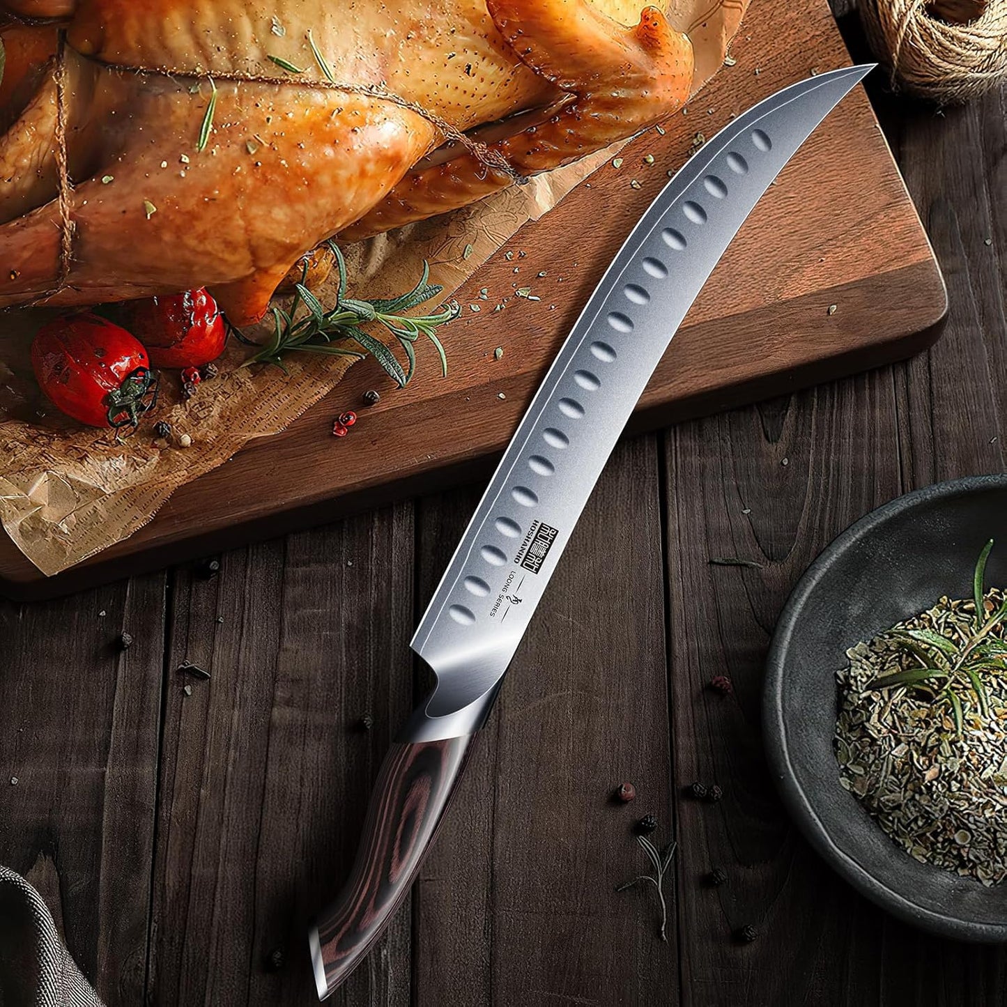 Carving Slicing Knife, 10 Inch Japanese High Carbon Steel Brisket Knife with Ergonomic Pakkawood Handle, Razor Sharp Curved Butcher Breaking Knives for Meat Cutting