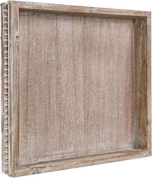 MAONAME Wood Serving Tray, Farmhouse Wooden Tray for Coffee Table, Rustic Square Trays with Beads, Washed White Decorative Trays for Living Room, Kitchen, 12" X 12" X 1.6"