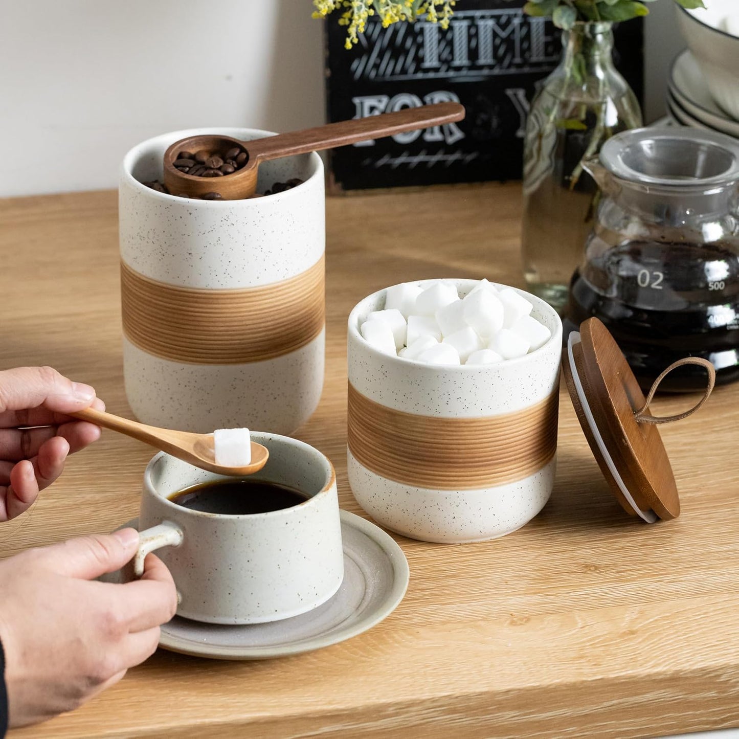 Small Ceramic Jar with Lid, Coffee Container Canister Kitchen Food Storage Jars for Spice Sugar Tea Bag, Stackable Decorative Jars for Countertop, White & 5 fl.oz