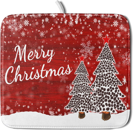 Merry Christmas Tree Red Dish Drying Mat for Kitchen Counter,Winter Snowflake Pine Drying Mat 16 x 18 Inch with Absorbent Reversible Microfiber Dish Drying Pad for Coffee Bar