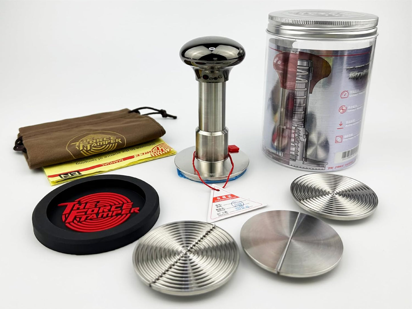 The Force Tamper Automatic Impact Adjustable Constant Pressure and Autoleveling Coffee Tamper Black Mirror Jellyfish AL Handle Set Pro (Duo-Distribute Set, 58.50mm)