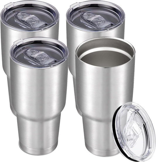 30 oz Tumbler with Lid Stainless Steel Tumblers Bulk Vacuum Insulated Cup Reusable Powder Coated Travel Mug Double Wall Leak Proof Cups Keep Cold Drinks for 12 Hours Stainless, Set of 4