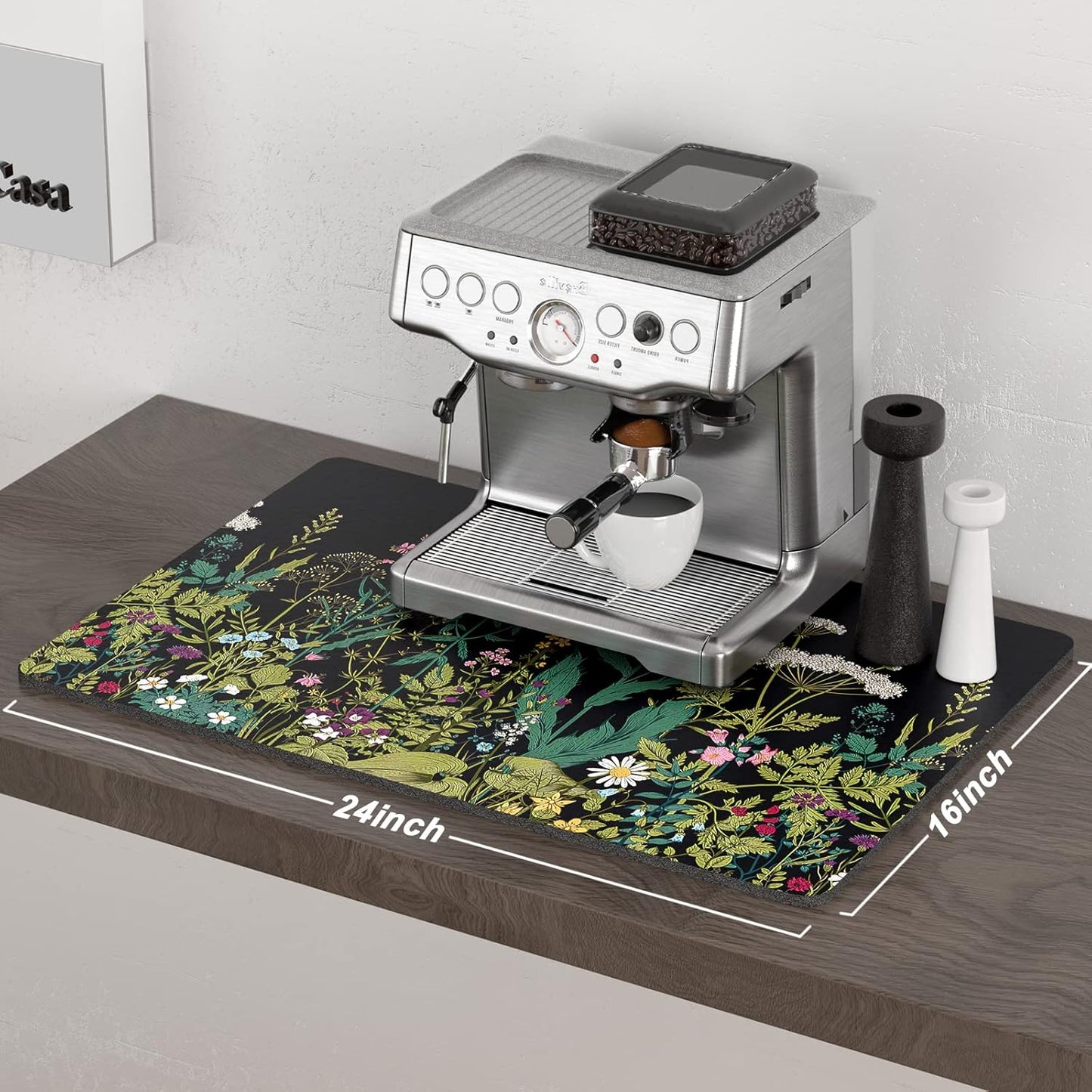 Rnivvi Coffee Mat, 16" x 24" Cute Flower Theme Coffee Bar Mats for Espresso Machine Station Accessories and Organizer, Hide Stain Rubber Backed Absorbent Dish Drying Pad for Kitchen Counter, Black