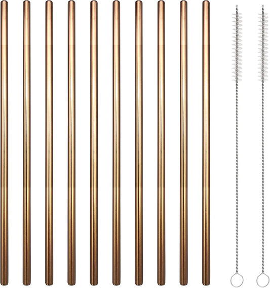 10 Pcs Stainless Steel Straws, Reusable Drinking Straws, Straight Metal Straw Sets with 2 Pcs Cleaning Brushes (8.5 Inch, Rose Gold)