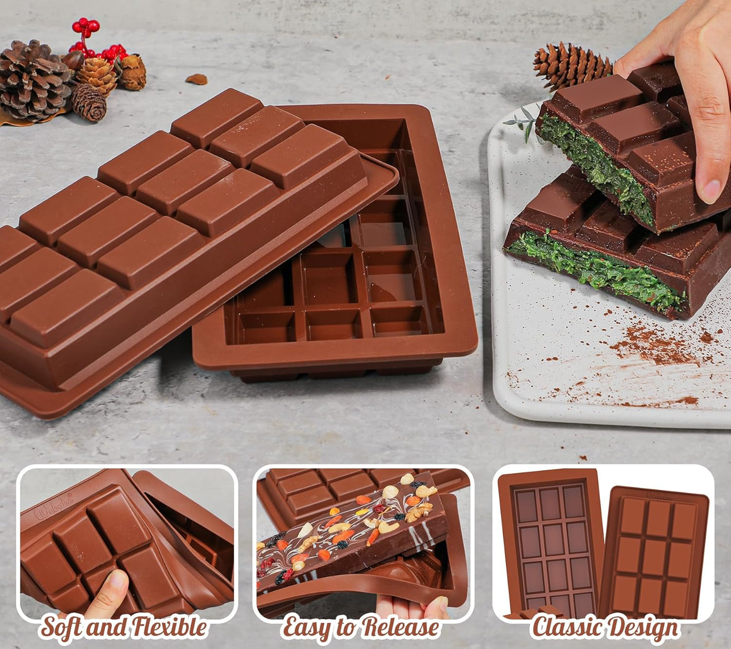Webake 1 Inch Deep Chocolate Bar Mold 12 Snap, Large 2 Pack Silicone Thick Chocolate Bar Molds, Big Dubai Chocolate Bar Mold for Stuffed, Perfect for Filling Knafeh Pistachio